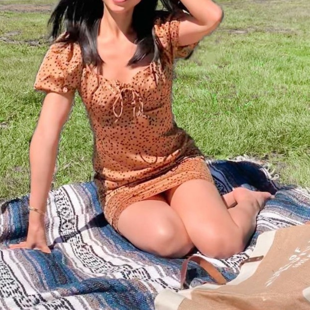 Brown Satin Polka Dot Puffy Sleeve Mini Dress